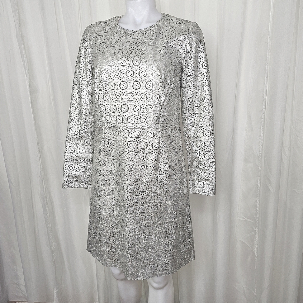 LP Style Leather Dress Metallic Silver Leather Perforated Long Sleeve Sheath S